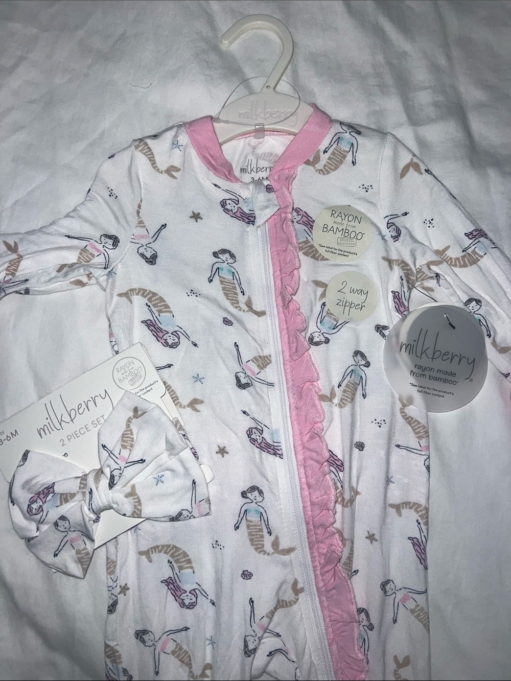 Milkberry Baby Girls' White & Pink Mermaid Bamboo Footed Pajama Set